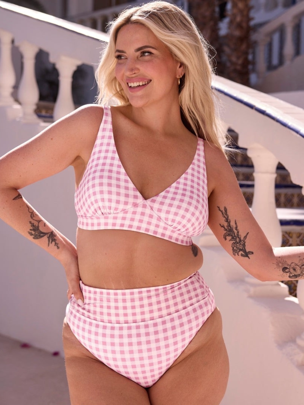 Deep V Bikini Top - Pink Gingham - Women's Swim Birds Papaya Knix